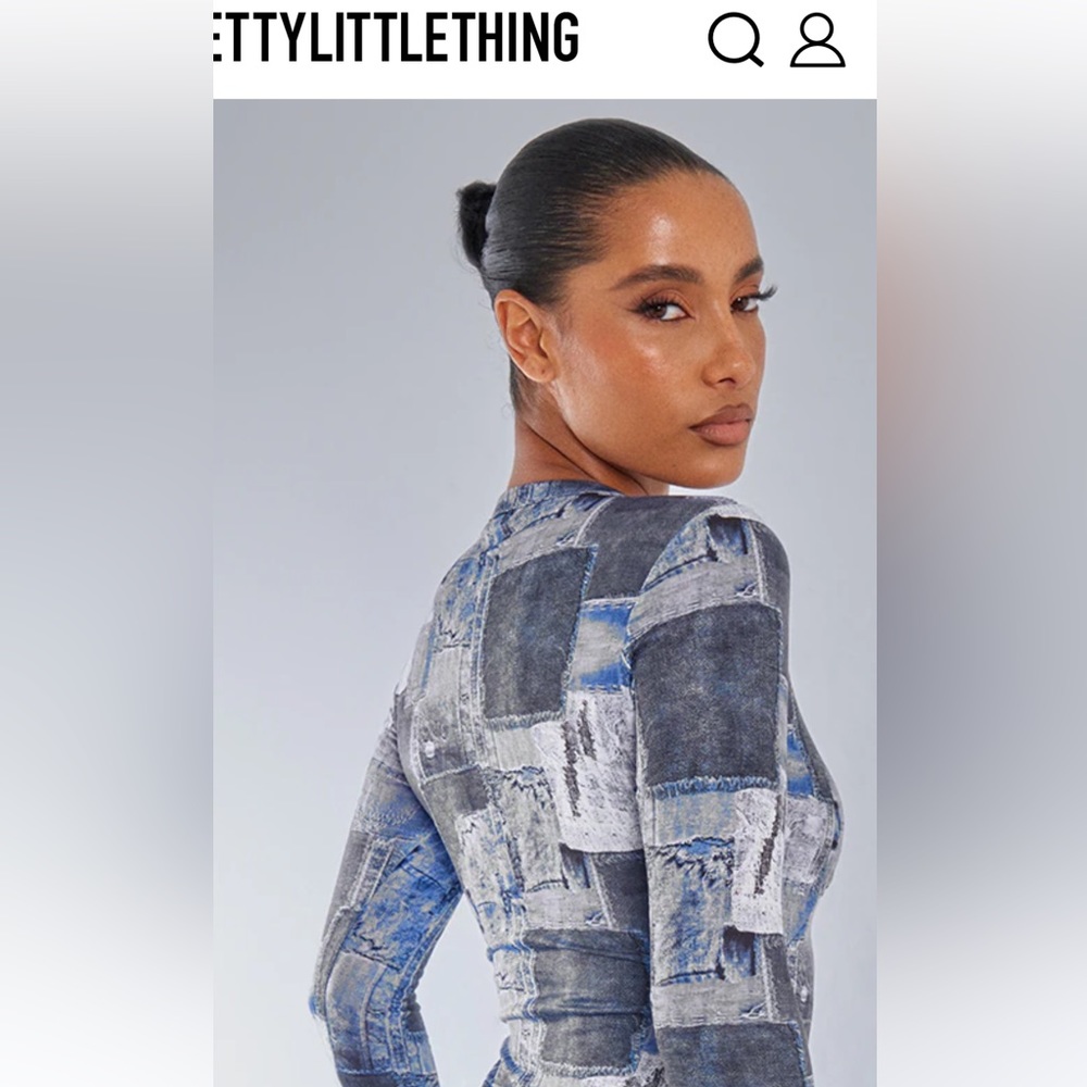 💙 PrettyLittleThing Blue Patchwork Denim Bodysuit LongSleeve NWT Size US 2 - 4